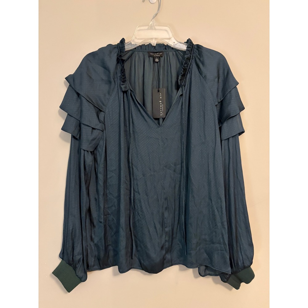 Current Air Ruffle Tiered Sleeve Blouse Womens Large Deep Green Dotted Tie Neck